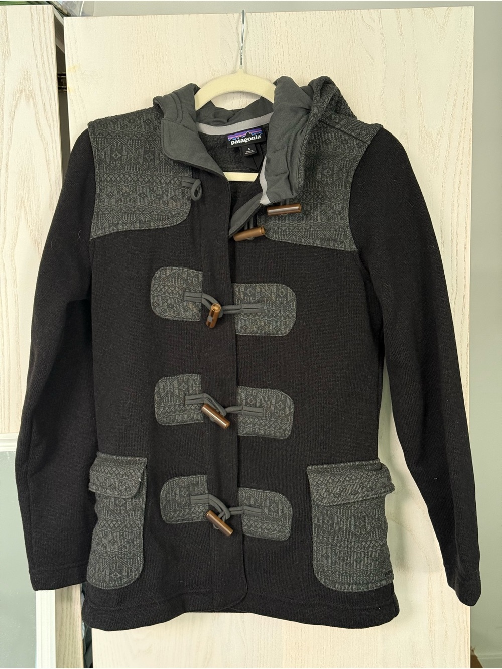 Patagonia Women's Black Coat with Dark Gray Trim and Toggle Hood